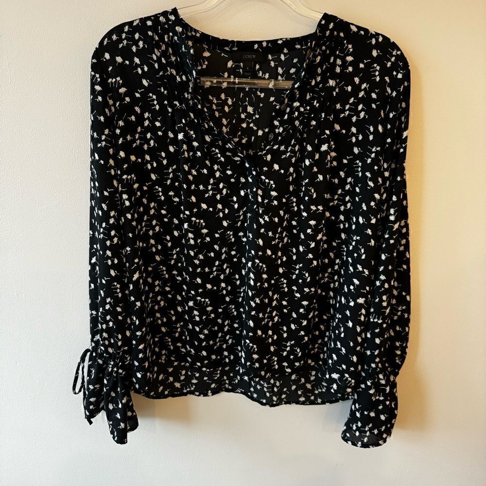 Leaving Soon!J Crew Black Floral Pintuck Popover Top with Long Bell Sleeve